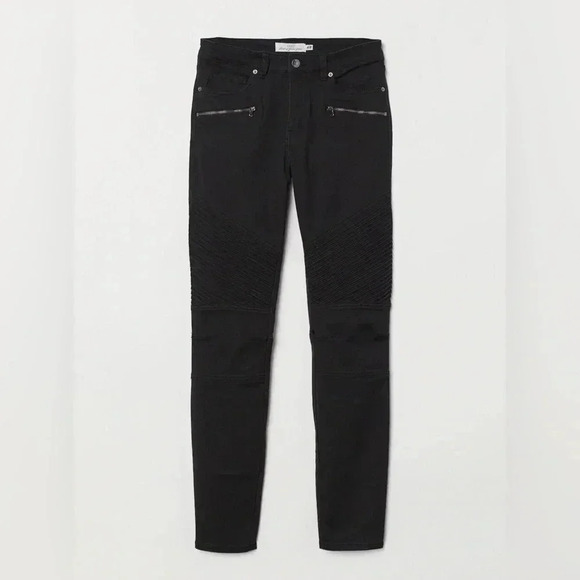 H&M Ladies Black Jean Pants Long Biker Regular Waist Skinny Size 8 Or Medium - Picture 1 of 14
